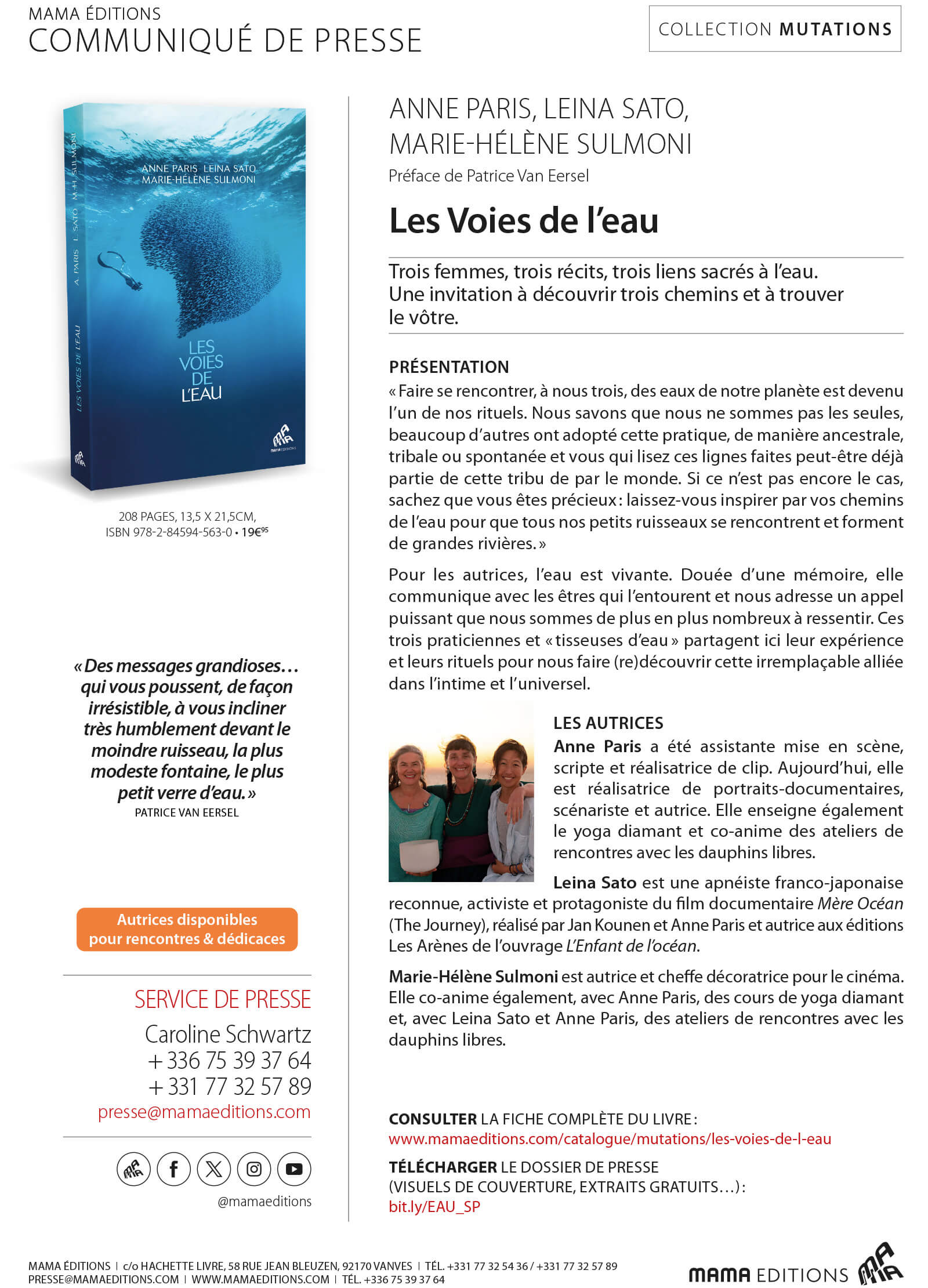 communiqué de presse pour la sortie de livre "les voies de l'eau" mama éditions - avril 2024 - autrices: anne paris, marie-helene sulmoni & leina sato